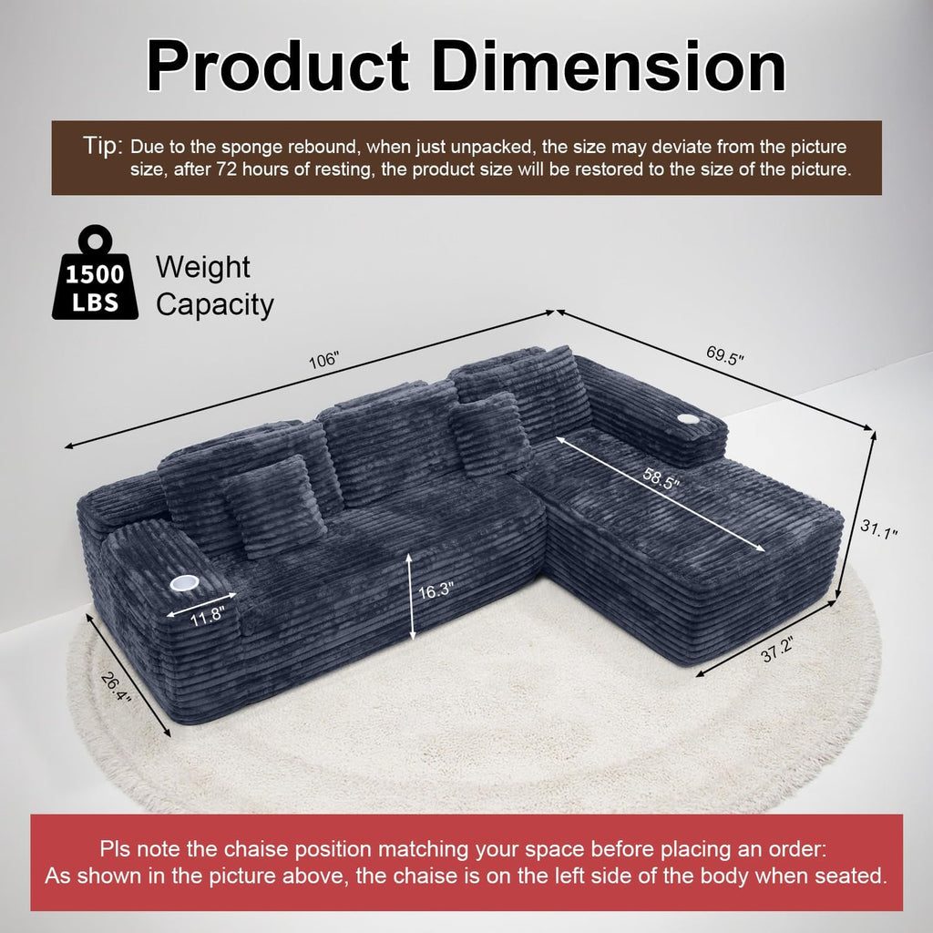 Cloud Sectional Couch with L-Shape Chaise, Modern Modular Sofa with Deep Seat, Built-in Cup Holder & Storage Pocket for Living Room Bedroom, No Assembly Required (Dark Gray, Left Sitting Chaise) wourant