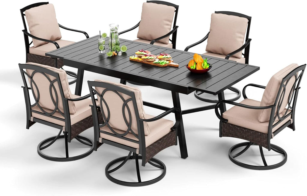 PHI VILLA 6-Piece Outdoor Dining Sets, All-Weather Patio Table and Chairs Set with Umbrella for 4, Heavy Duty Patio Round Table Set for Deck, 4 Extra Large Outdoor Swivel Chairs with Thick Cushions wourant