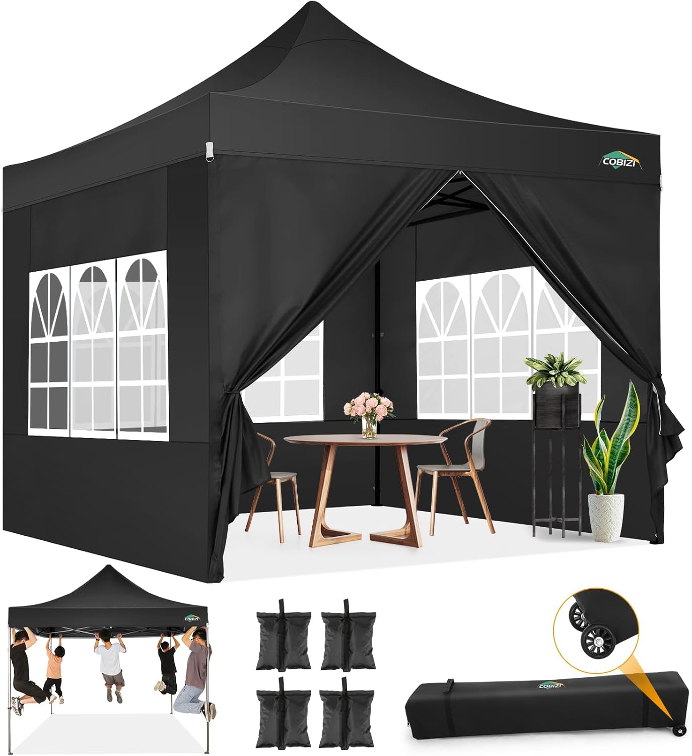 COBIZI 10x20 Heavy Duty Pop up Canopy Tent with 6 sidewalls Easy Up Commercial Outdoor Canopy Wedding Party Tents for Parties All Season Wind & Waterproof Gazebo with Roller Bag,Black(Frame Thickened) wourant