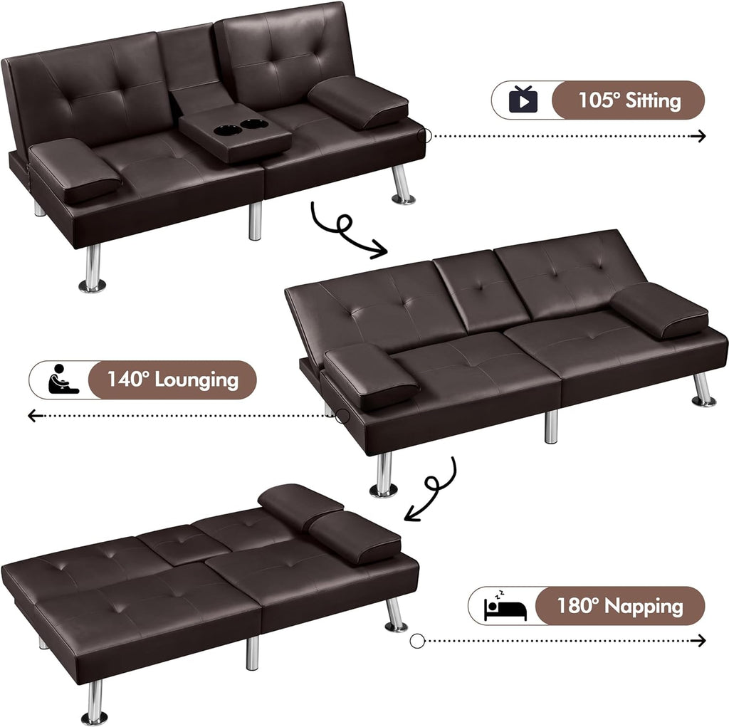 Yaheetech Convertible Sofa Bed Adjustable Couch Sleeper Modern Faux Leather Home Recliner Reversible Loveseat Folding Daybed Guest Bed, Removable Armrests, Cup Holders, 3 Angles, 772lb Capacity, Brown wourant
