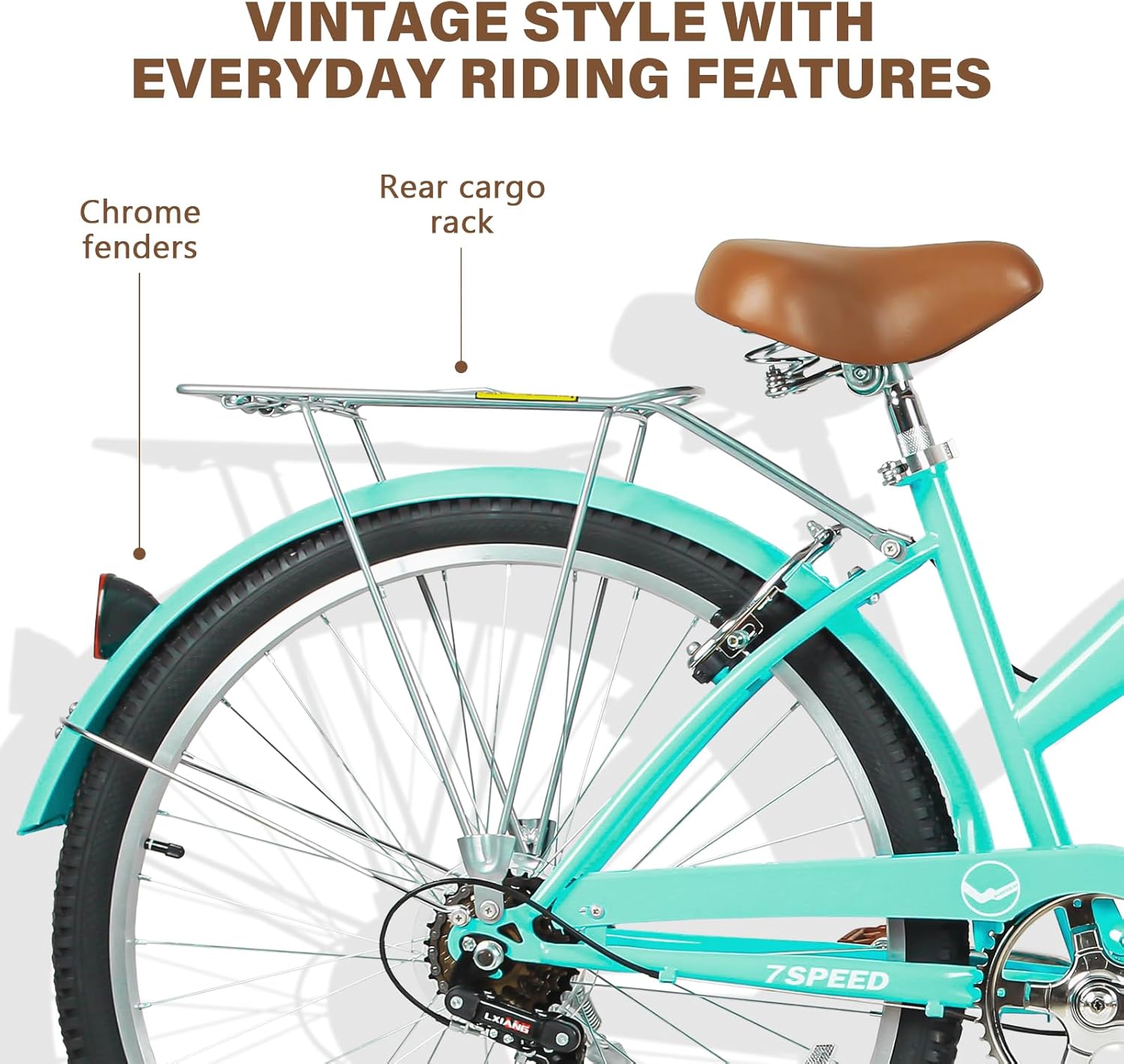 WEIZE Beach Cruiser Bike, 26 inch Commuter Bicycle for Adult Men and Women, 7-Speed/High-Carbon Steel/Front & Rear Fenders, Comfortable City Bikes with Rear Rack or Basket, Ergonomic Upright Design wourant