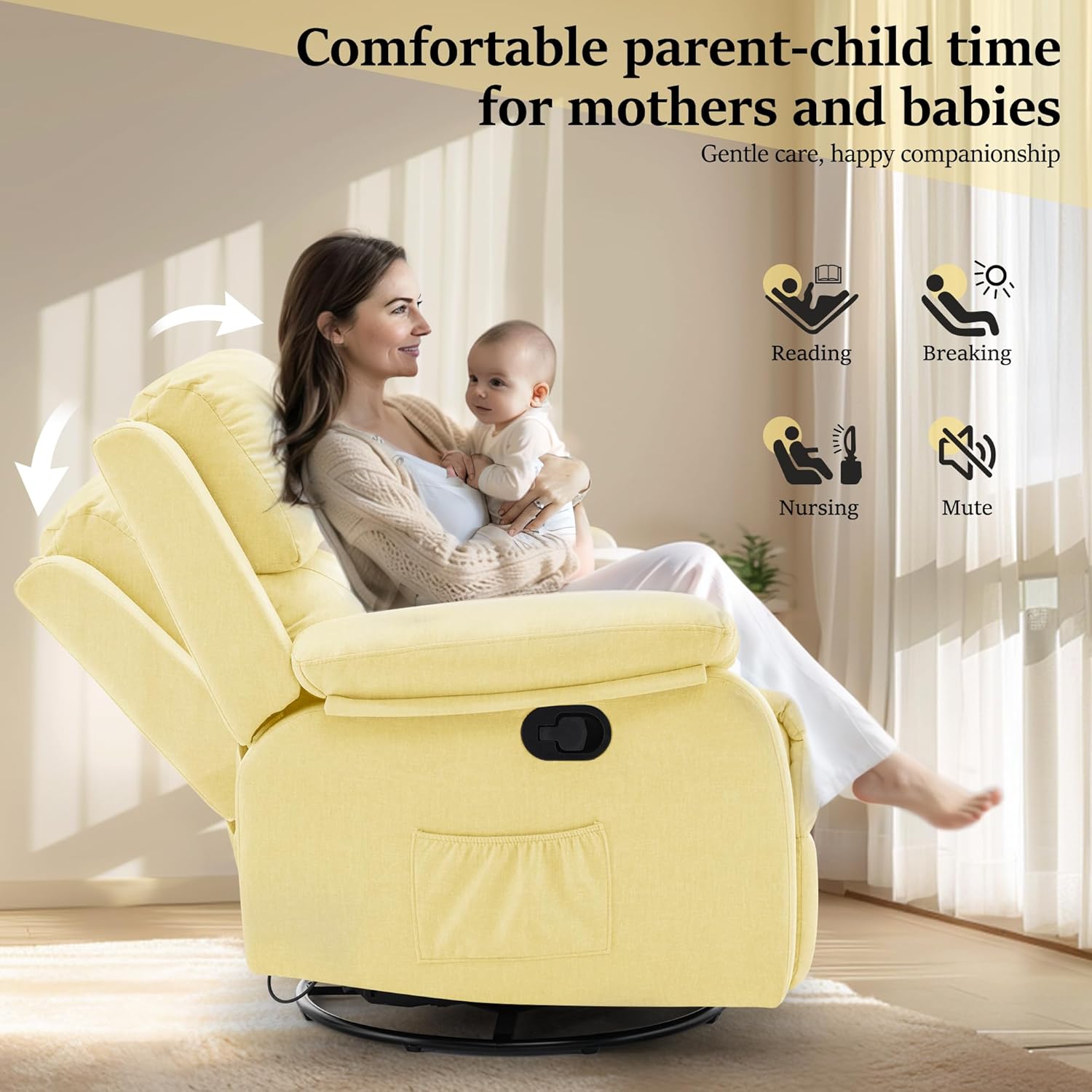 Reclining rocking chair 360 degree rotating fabric sliding reclining chair wourant