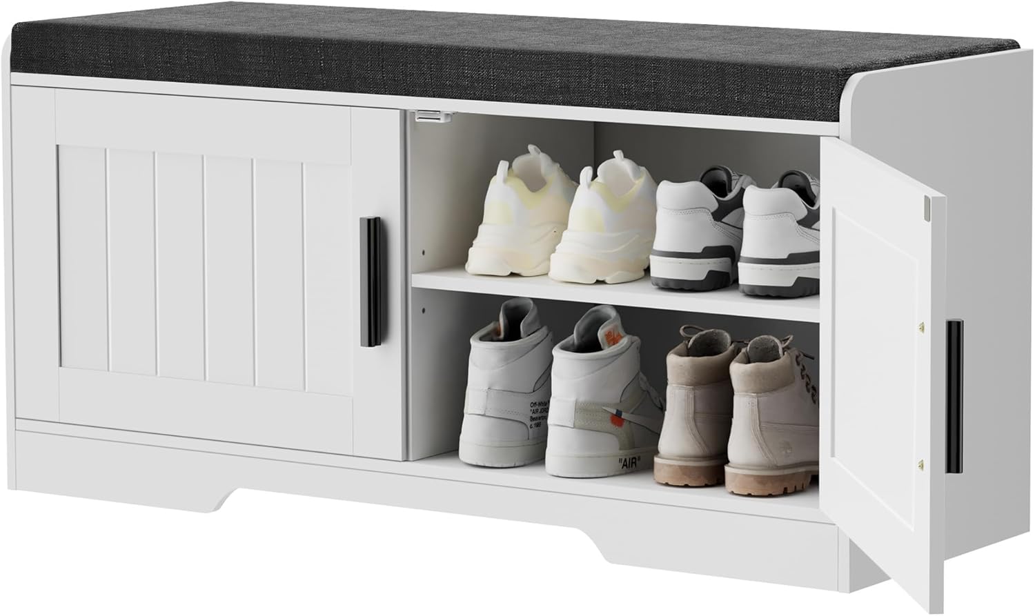 2-Tier Storage Bench, Shoe Bench with Thickened Padded Seat Cushion, Entryway Bench with 4 Doors, Adjustable Shelf wourant