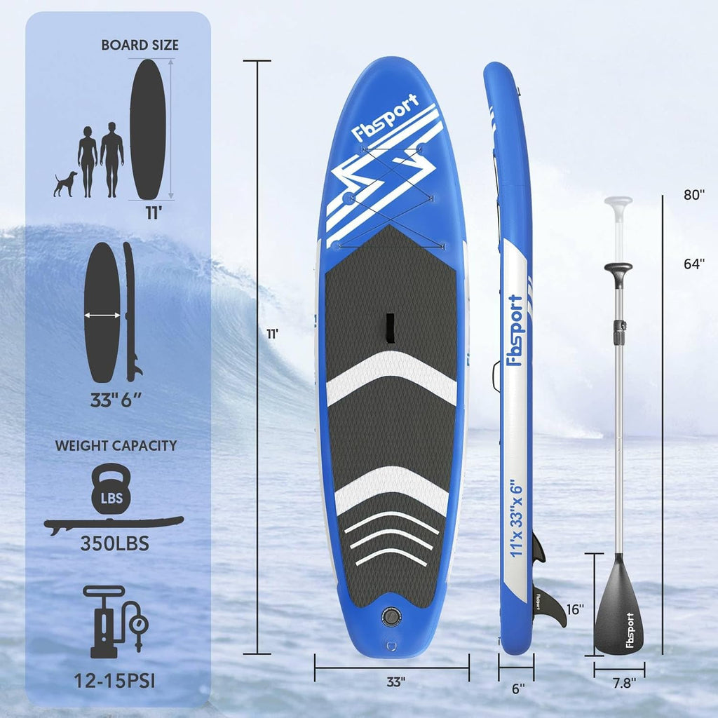 FBSPORT 11' Premium Stand Up Paddle Board, Yoga Board with Durable SUP Accessories & Carry Bag | Wide Stance, Surf Control, Non-Slip Deck, Leash, Paddle and Pump for Youth & Adult wourant