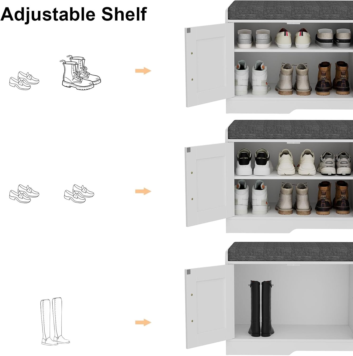 2-Tier Storage Bench, Shoe Bench with Thickened Padded Seat Cushion, Entryway Bench with 4 Doors, Adjustable Shelf wourant
