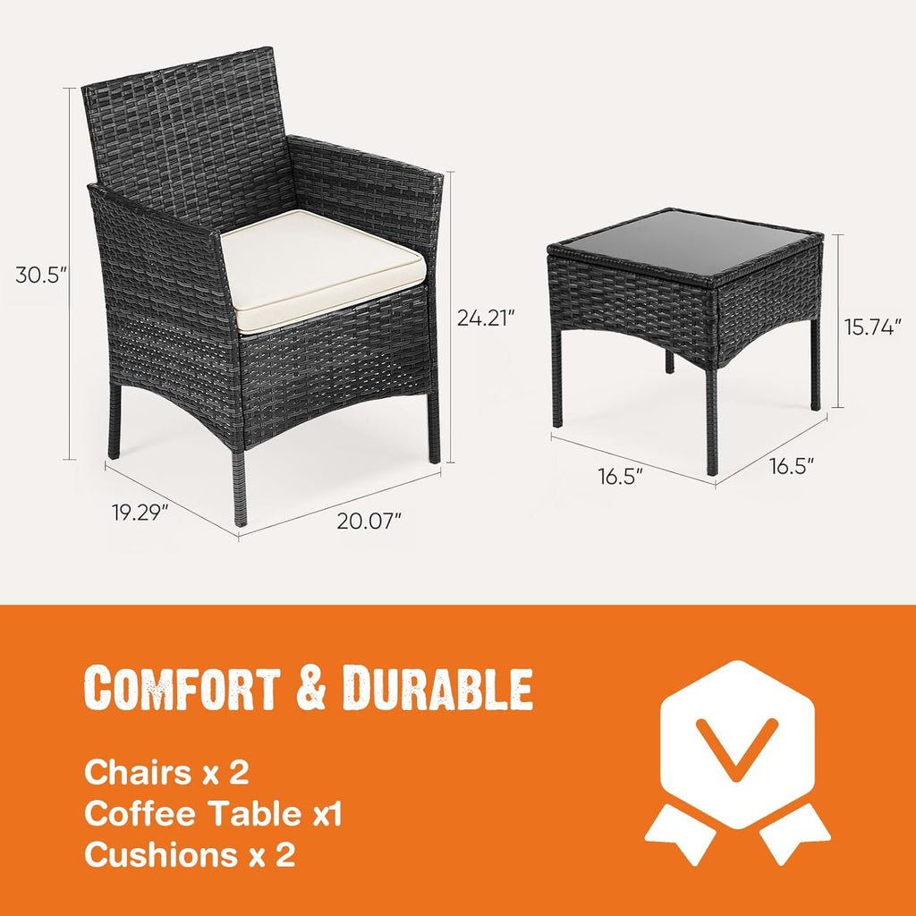 Sweetcripy Patio Furniture Set 3 Pieces, Outdoor Furniture with Soft Cushion and Glass Table, All Weather Manual Weaving Wicker Rattan Patio Chairs for Garden, Terrace, Porch(Black and Beige) wourant
