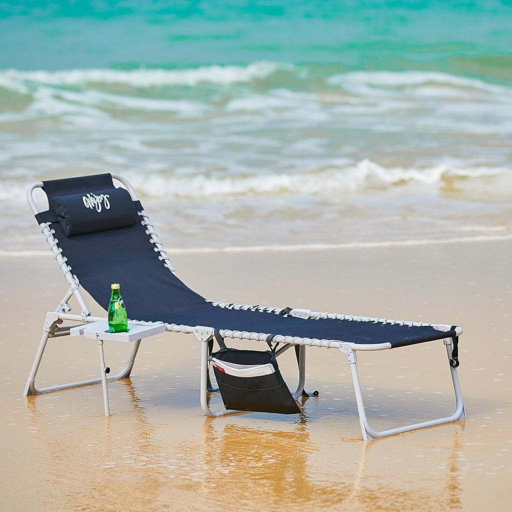 2 Pack Outdoor Chaise Lounge Chair - Portable Folding Patio Pool Lounge Chair, 5 Positions Adjustable Reclining Camping Chair with Side Table,Shoulder Strap, Pillow for Beach Sunbathing Lawn wourant