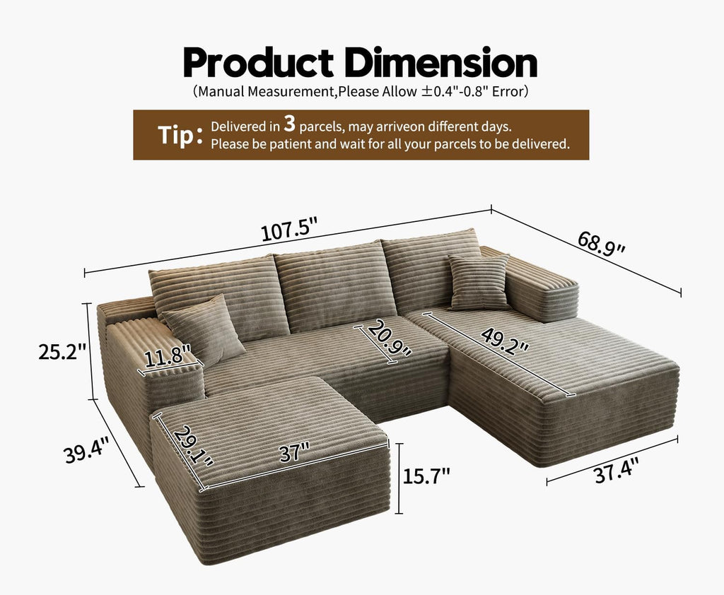 107.5 inch Cloud Modular Sectional Sofa with L-Shaped Chaise Lounge, Modern Minimalist Upholstered Sofa Deep Seating Corner Sofa wourant
