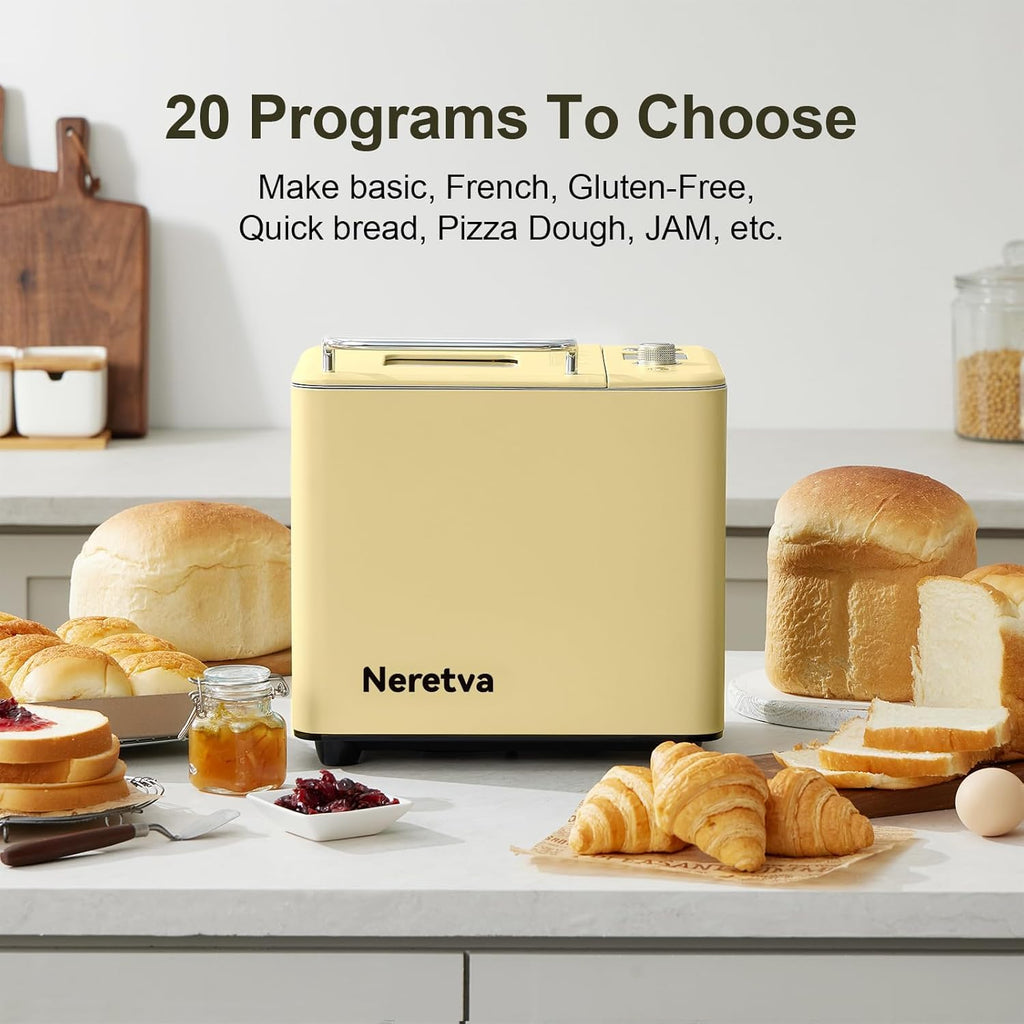 Neretva Bread Maker, 20-in-1 2LB Bread Maker Dual Heater Bread Maker Automatic with Non-Stick Ceramic Pan wourant