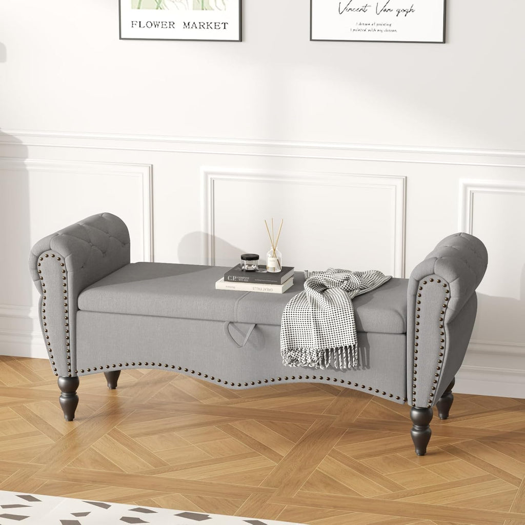 Furniliving Modern Storage Ottoman Bench, Sherpa Ottoman End of Bed Bench with Solid Wood Legs Upholstered Ottoman Benches with Storage Indoor Bench wourant