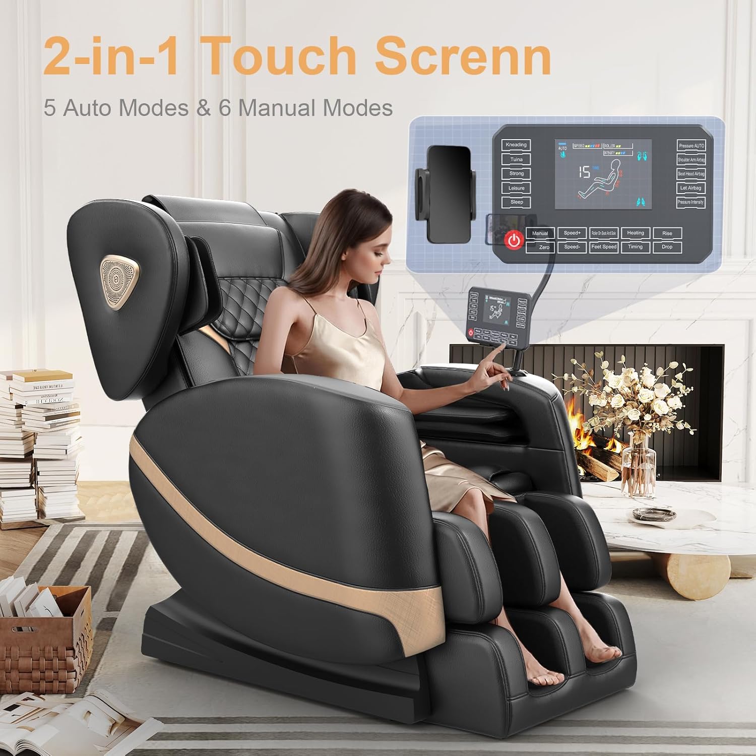2025 Massage Chair Full Body, Zero Gravity Massage Chair with 10 Fix Rollers, Heating, Foot Massage, Auto Modes, Bluetooth Speaker, Touch Screen Controller (Black & Brown) wourant