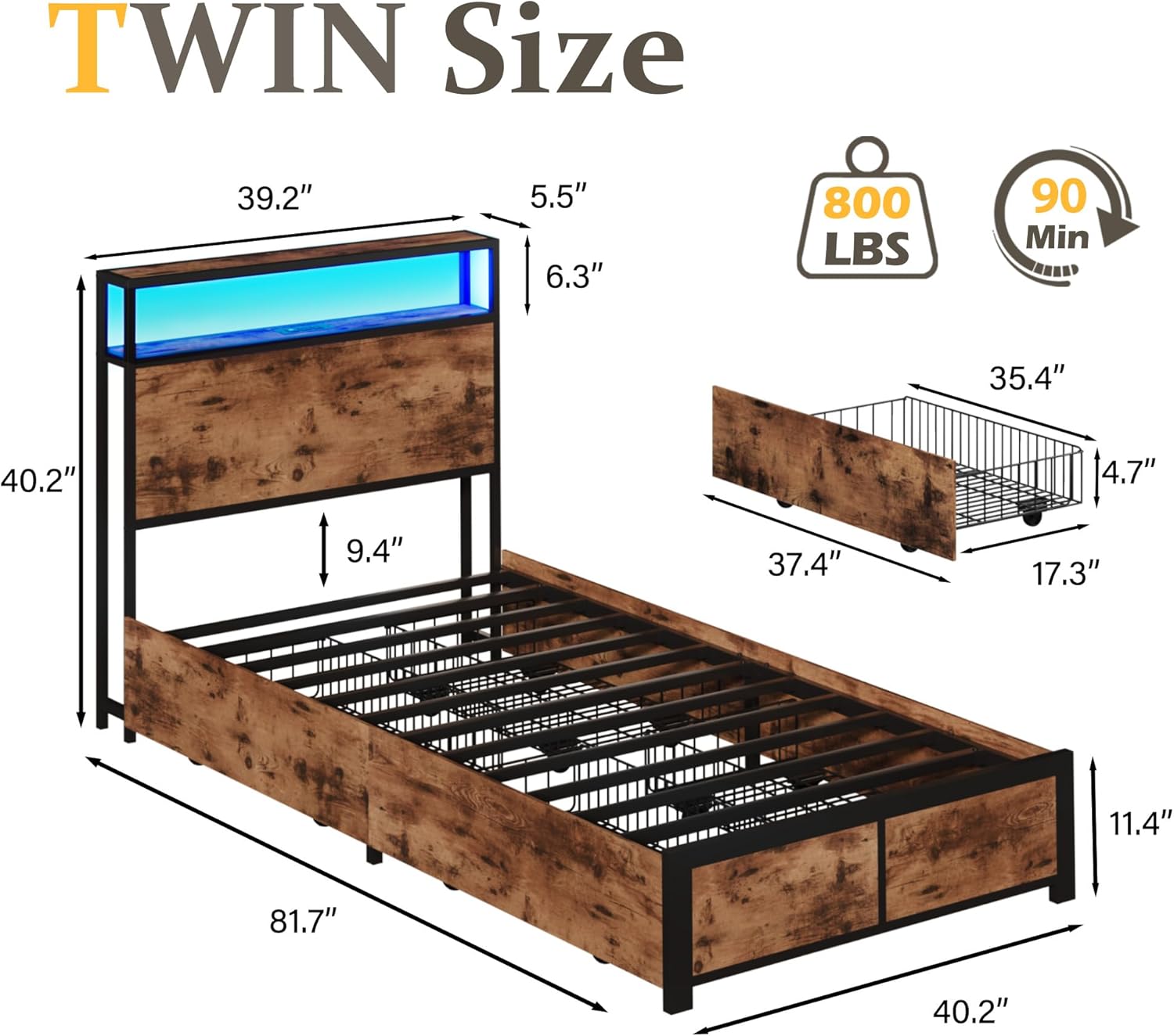 Lifezone Queen Bed Frame with 2-Tier Storage Headboard, Metal Platform Bed Frame with 4 Storage Drawers, Built in Charging Station & LED, Noise-Free/Metal Support/No Box Spring Needed wourant
