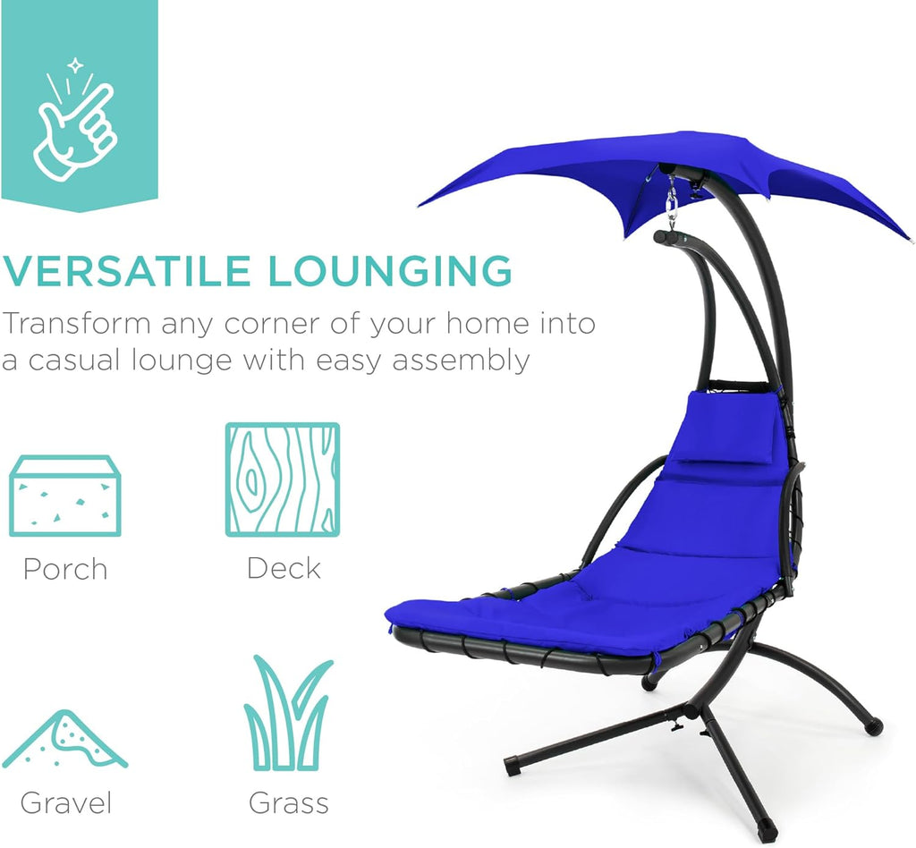Best Choice Products Outdoor Hanging Curved Steel Chaise Lounge Chair Swing w/Built-in Pillow and Removable Canopy - Charcoal Gray wourant