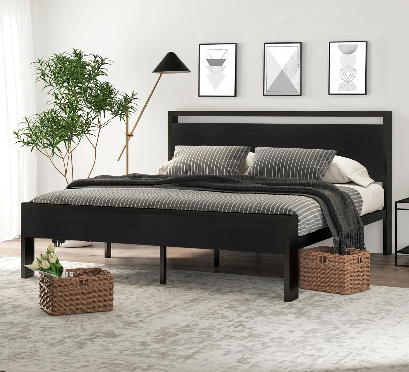 SHA CERLIN 14 Inch Queen Size Metal Platform Bed Frame with Wooden Headboard and Footboard wourant