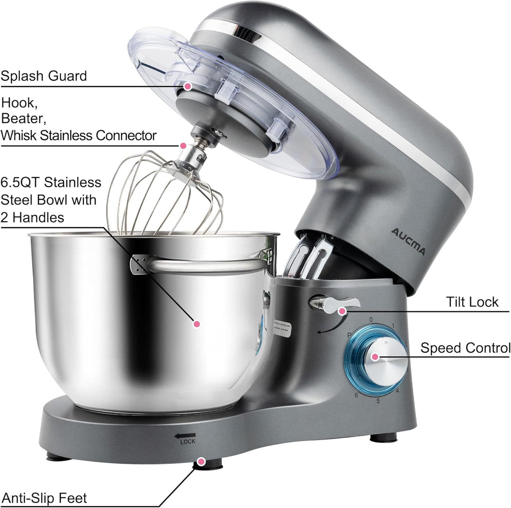Aucma Stand Mixer,6.5-QT 660W 6-Speed Tilt-Head Food Mixer, Kitchen Electric Mixer with Dough Hook wourant