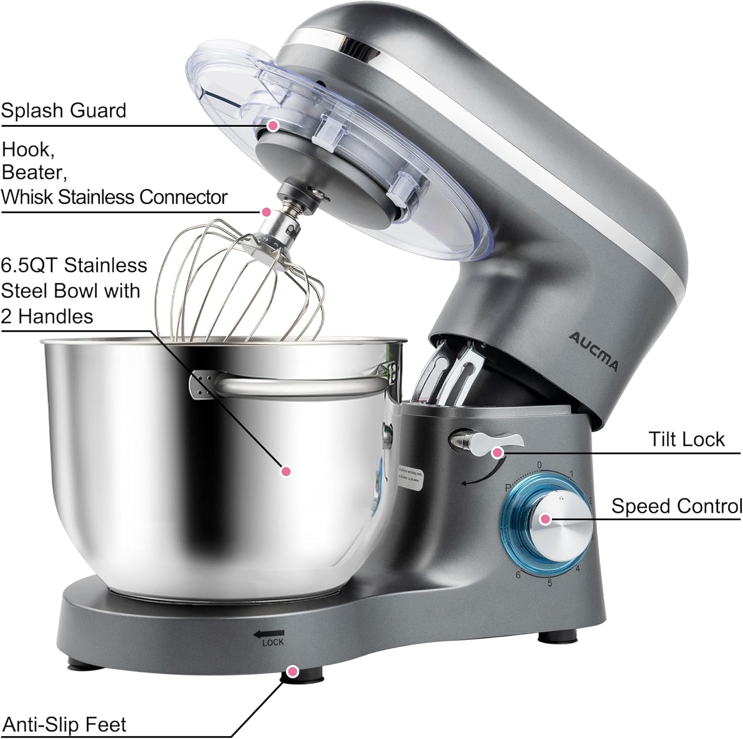 Aucma Stand Mixer,6.5-QT 660W 6-Speed Tilt-Head Food Mixer, Kitchen Electric Mixer with Dough Hook wourant