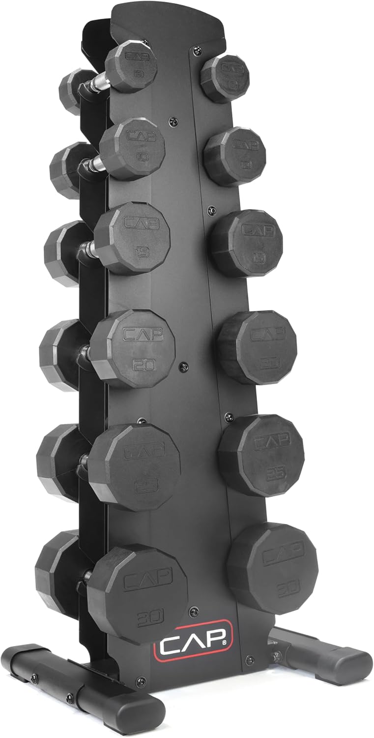 CAP Barbell Rubber Coated Dumbbell Weight Set with Vertical Rack | 100 lb, 150 lb, and 210 lb Options wourant
