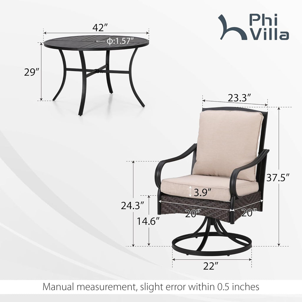 PHI VILLA 6-Piece Outdoor Dining Sets, All-Weather Patio Table and Chairs Set with Umbrella for 4, Heavy Duty Patio Round Table Set for Deck, 4 Extra Large Outdoor Swivel Chairs with Thick Cushions wourant