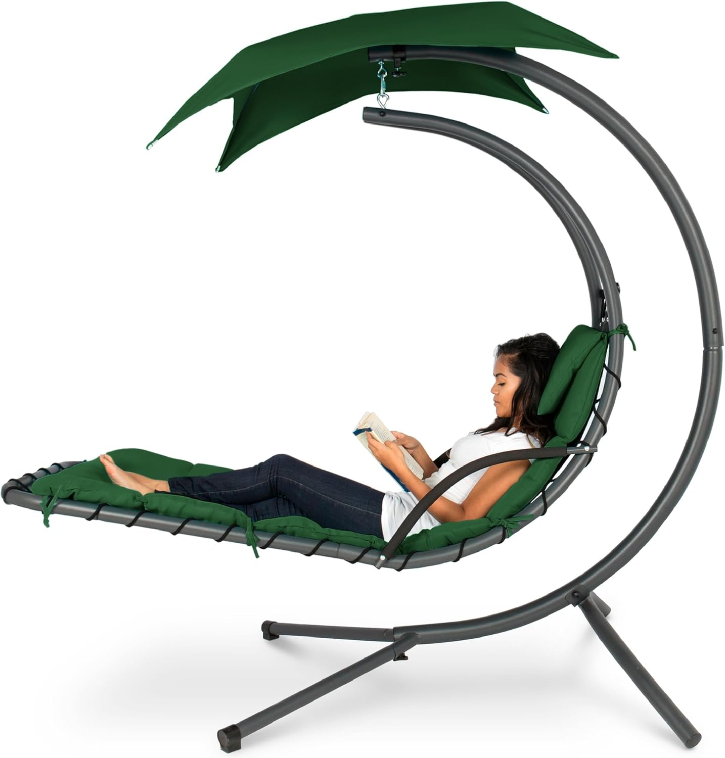 Best Choice Products Outdoor Hanging Curved Steel Chaise Lounge Chair Swing w/Built-in Pillow and Removable Canopy - Charcoal Gray wourant
