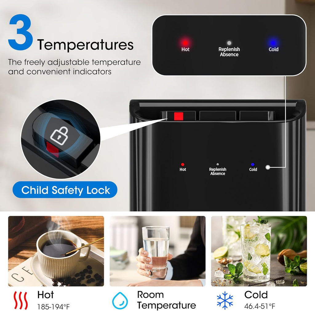 Bottom-loading water dispenser, 5-gallon water bottle, three temperature settings - hot water wourant