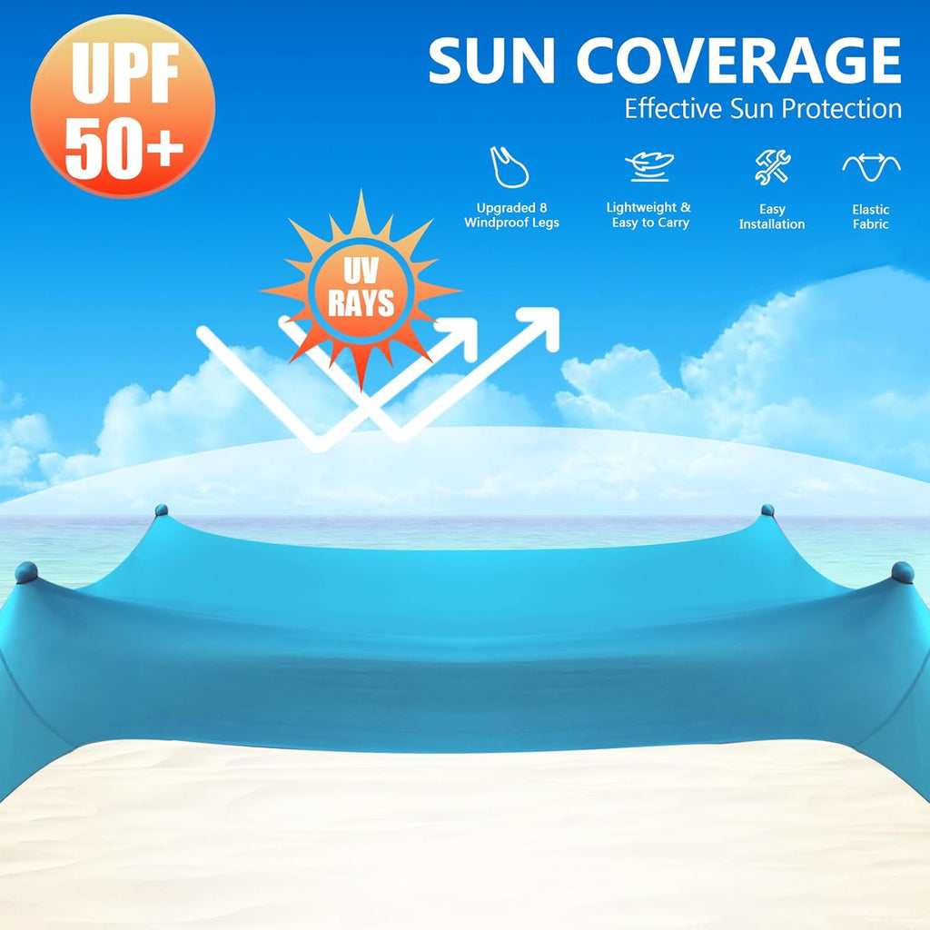 Beach Tent Sun Shelter, 10 x 10 FT Beach Canopy Tent Sun Shade Heavy Duty, UPF50+ Beach Tent Canopy with 8 Sandbags & 4 Stability Poles, Outdoor Beach Shade Canopy for Camping and Fishing, Blue wourant