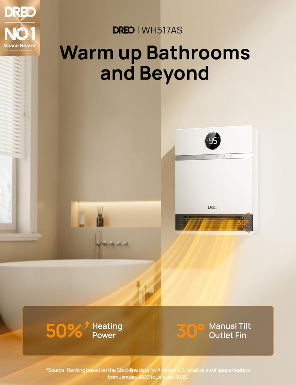 Dreo Smart Wall Heater, IP24 Electric PTC Space Heaters for Indoor Use, 30° Oscillation, Adjustable Thermostat, Remote Control, Works with Alexa, 24H Timer, Easy-mounted for Bedroom, Office, Home wourant