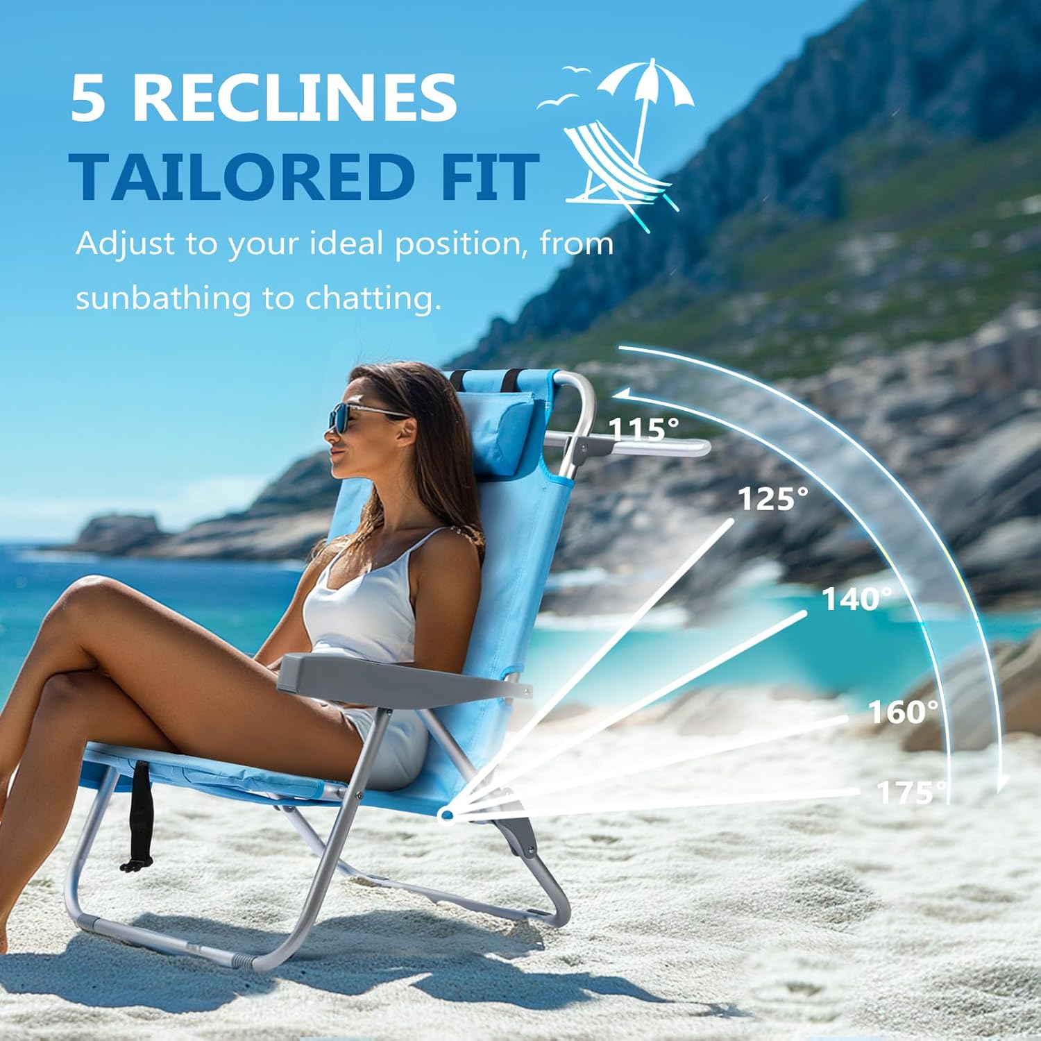 5-Position Aluminum Lay Flat Tall Backpack Beach Chairs 2 Pack Compact Portable Beach Chairs for Adults with Cooler Pouch, Storage Pouch, Towel Bar, Cup Holder & Phone Holder, Blue Stripe wourant