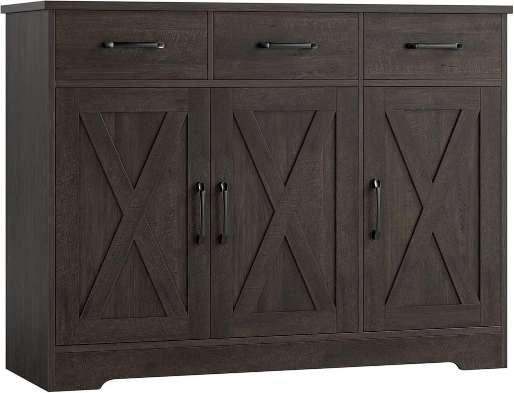 Modern farmhouse sideboard, barn door buffet storage cabinet with drawers and shelves, wooden coffee bar with storage wourant