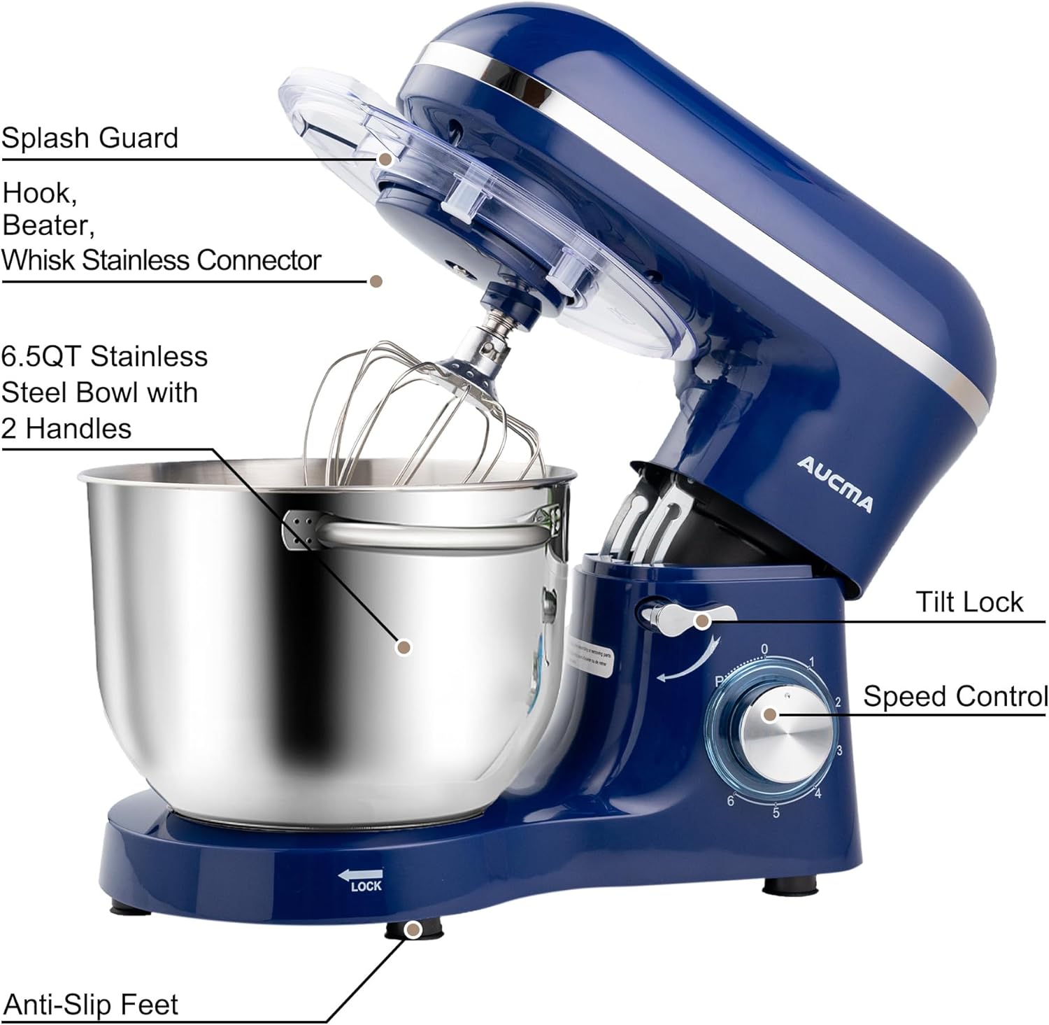 Aucma Stand Mixer,6.5-QT 660W 6-Speed Tilt-Head Food Mixer, Kitchen Electric Mixer with Dough Hook wourant