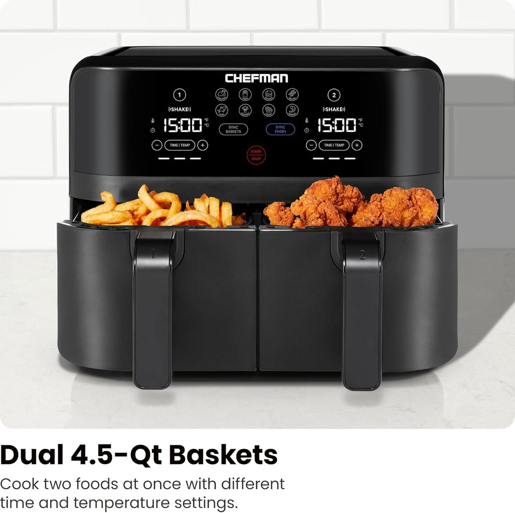 Chefman 6 Quart Dual Basket Air Fryer - Digital Touchscreen, Smart Sync Finish, Hi-Fry, Auto Shutoff, 2 Independent 3QT Nonstick Dishwasher-Safe Frying Baskets - Digital Double Air Fryer - Black wourant