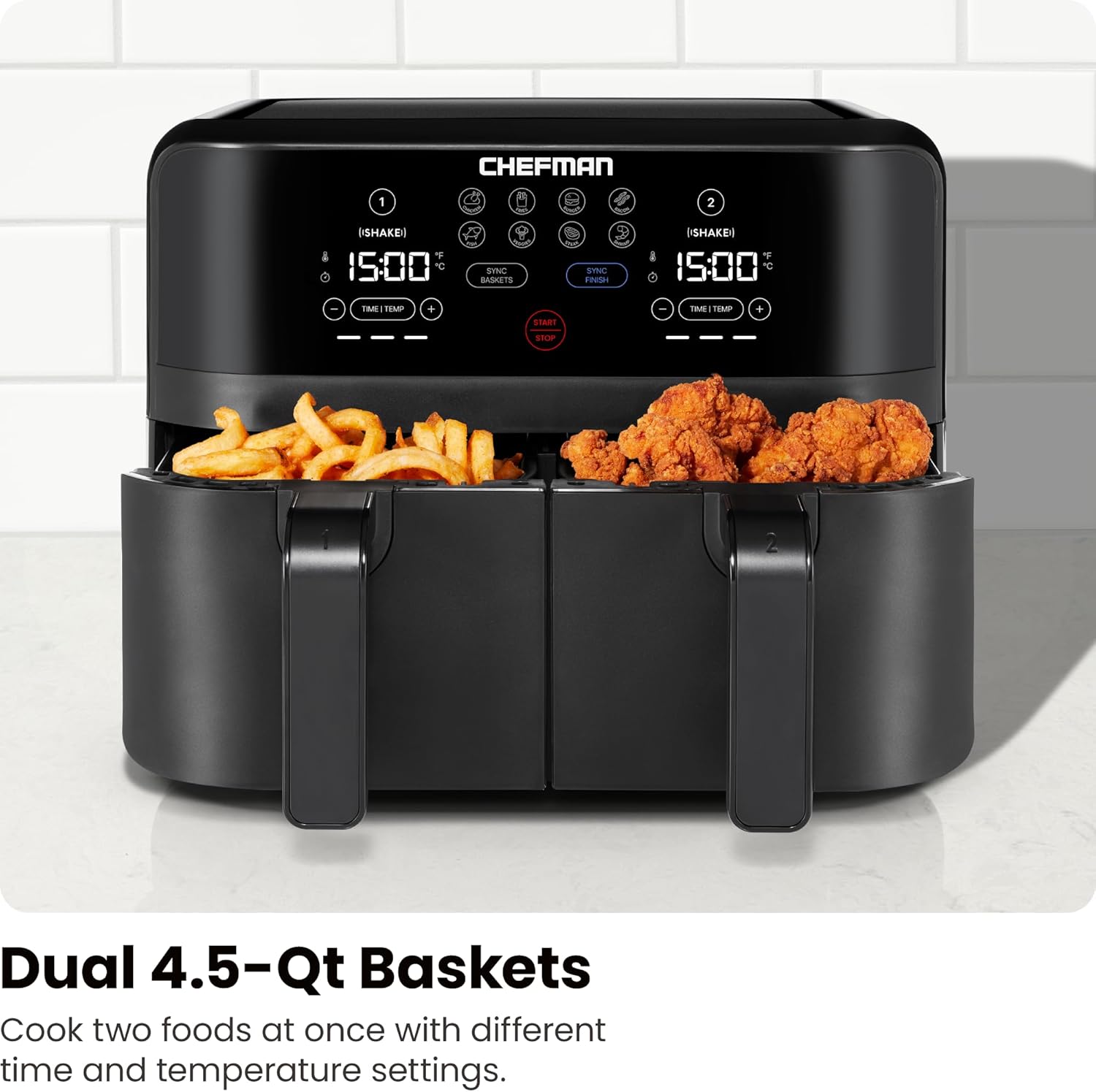 Chefman 6-Quart Dual Basket Air Fryer - Digital Touchscreen, Smart Sync Finish, High-Frying, Auto-Off, 2 Independent 3-Quart Nonstick Pans, Dishwasher-Safe Baskets wourant
