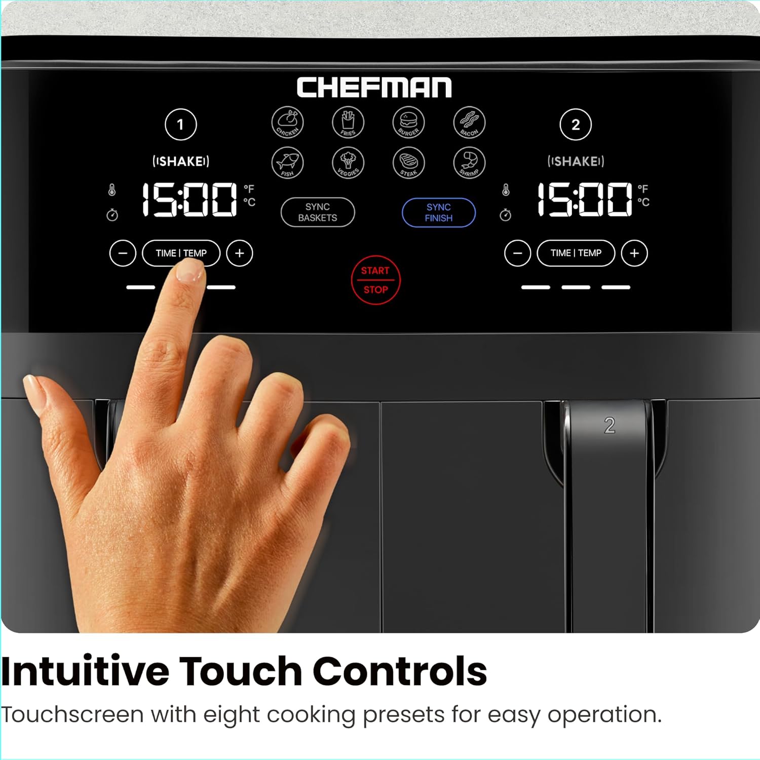 Chefman 6 Quart Dual Basket Air Fryer - Digital Touchscreen, Smart Sync Finish, Hi-Fry, Auto Shutoff, 2 Independent 3QT Nonstick Dishwasher-Safe Frying Baskets - Digital Double Air Fryer - Black wourant