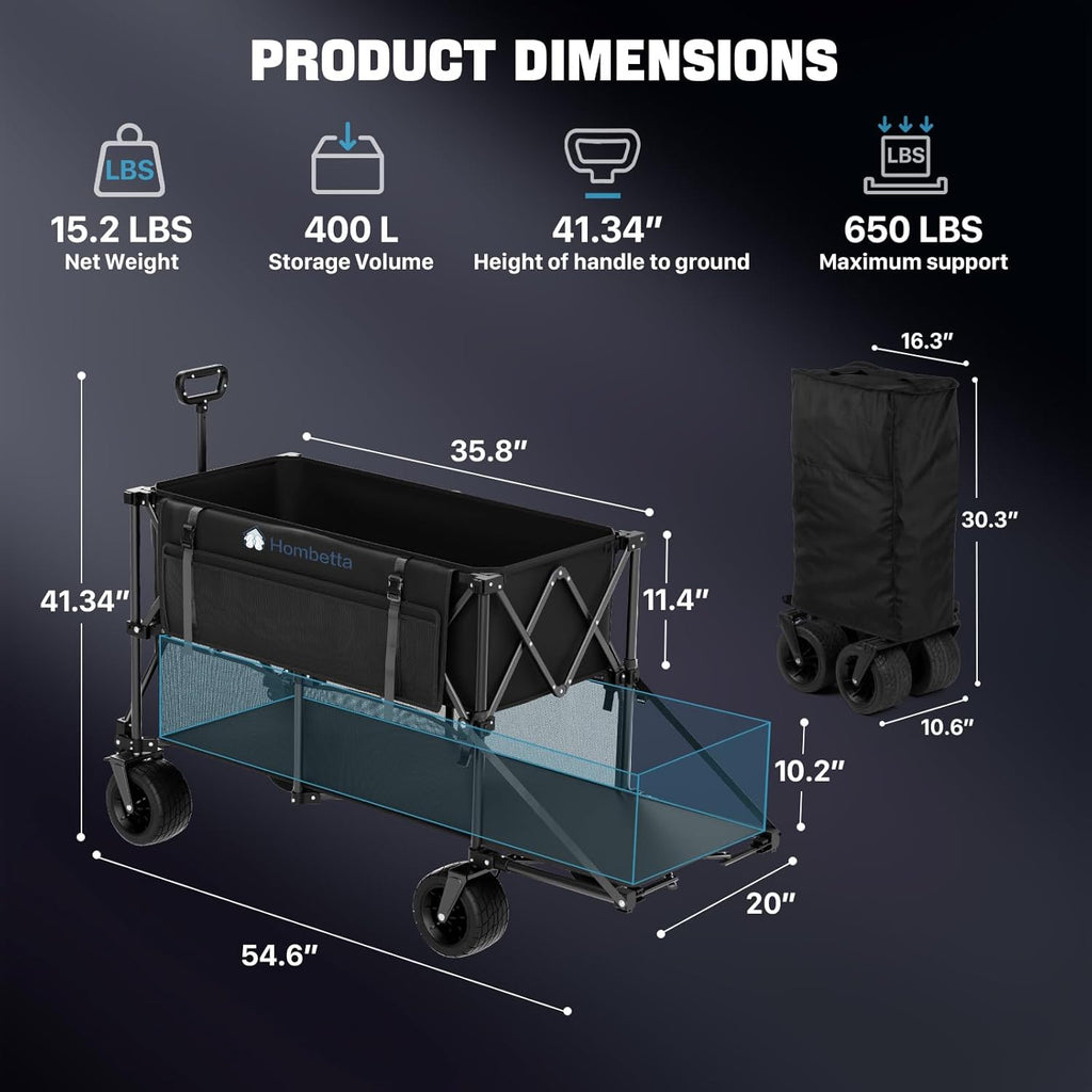 48" Extra Large Folding Travel Cart, 560 lb Capacity, 350 L Heavy Duty Utility Cart with Brakes and All-Terrain Wheels wourant