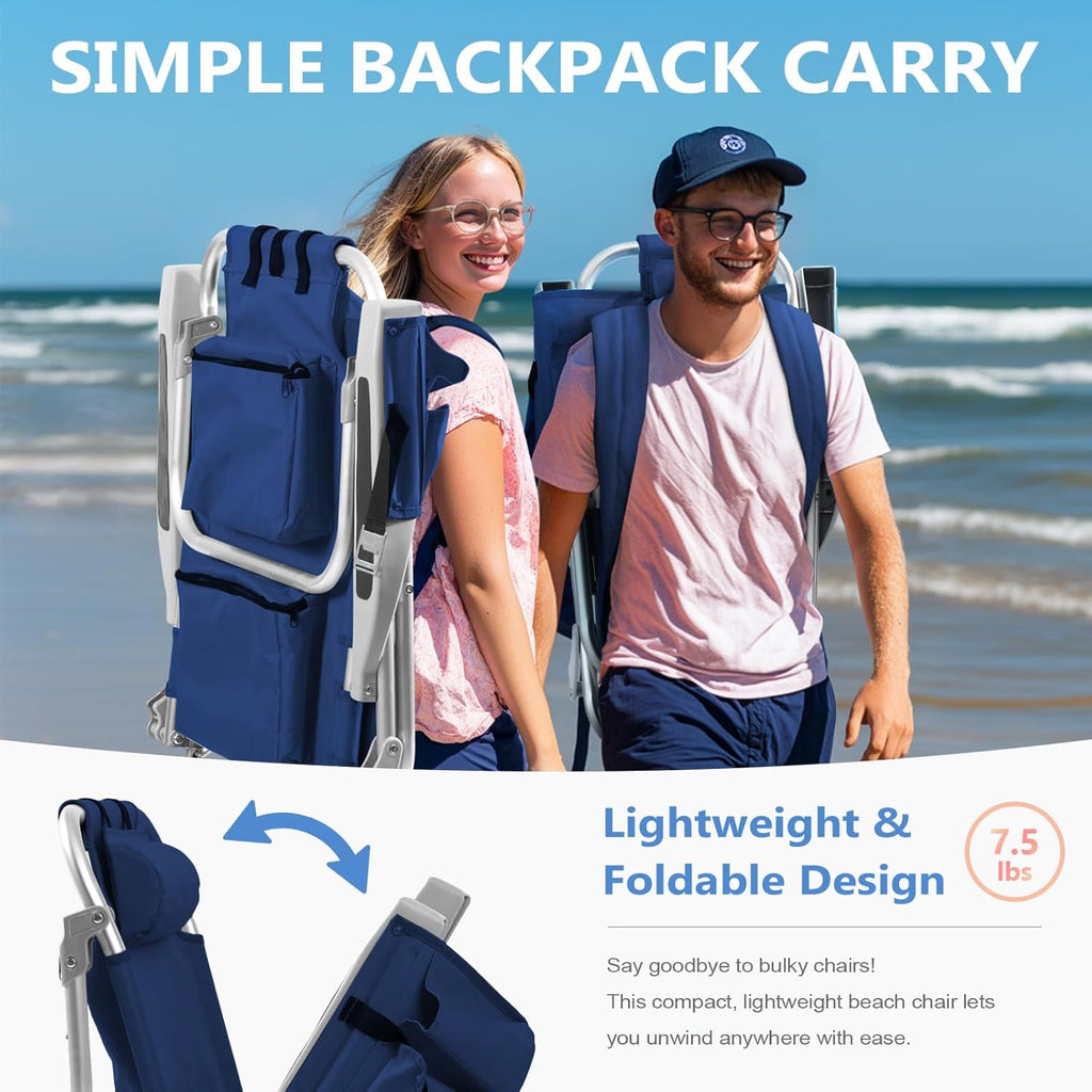 5-Position Aluminum Lay Flat Tall Backpack Beach Chairs 2 Pack Compact Portable Beach Chairs for Adults with Cooler Pouch, Storage Pouch, Towel Bar, Cup Holder & Phone Holder, Blue Stripe wourant