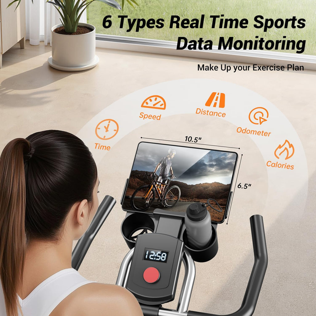 CURSOR FITNESS Exercise Bike, Stationary Bikes for Home, 300 LBS Capacity, Workout Bike with Silent Belt Drive, Indoor Cycling Bike with Extra Comfort Seat/IPad Mount/3 Bottle Holders wourant