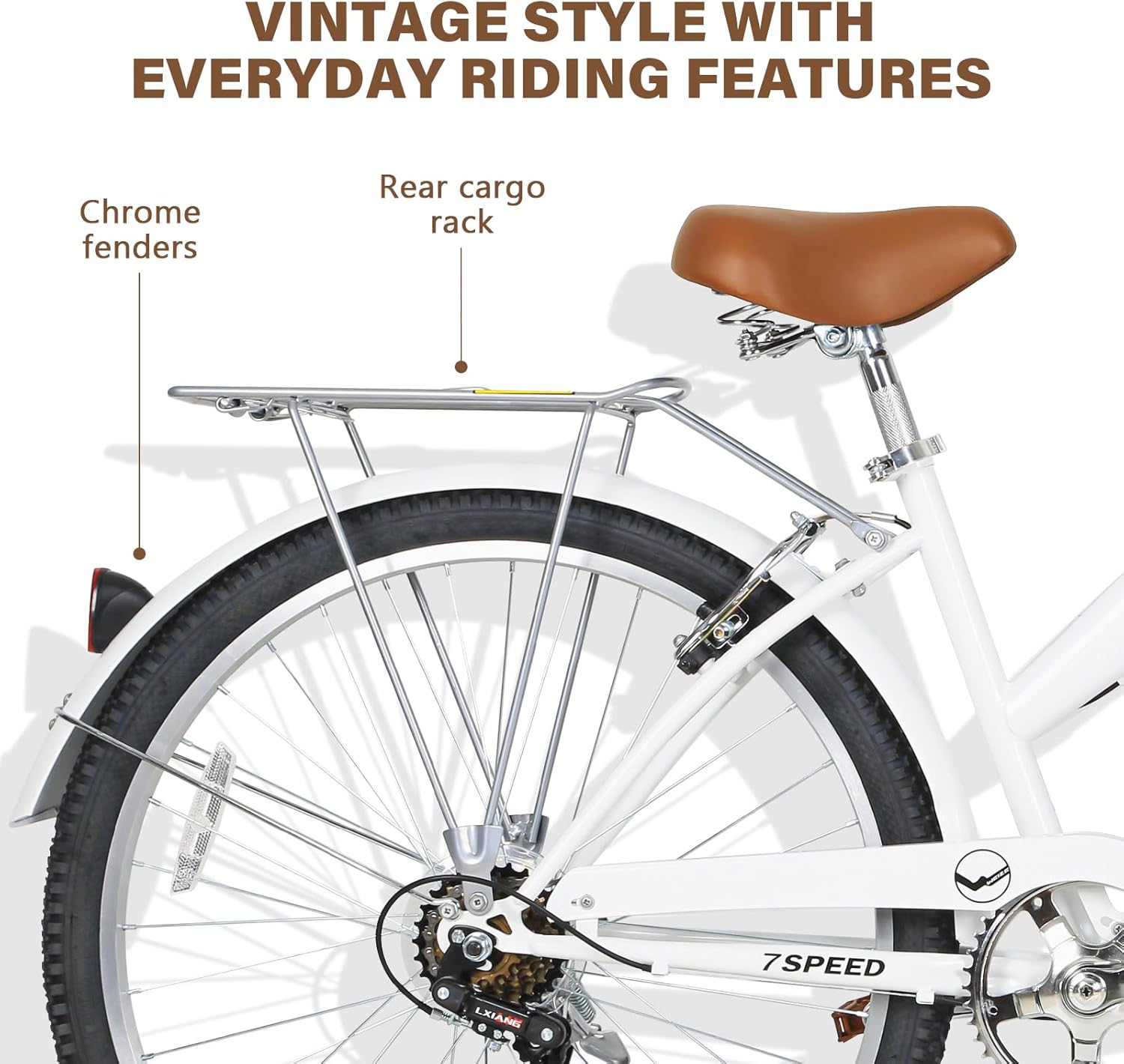 WEIZE Beach Cruiser Bike, 26 inch Commuter Bicycle for Adult Men and Women, 7-Speed/High-Carbon Steel/Front & Rear Fenders, Comfortable City Bikes with Rear Rack or Basket, Ergonomic Upright Design wourant