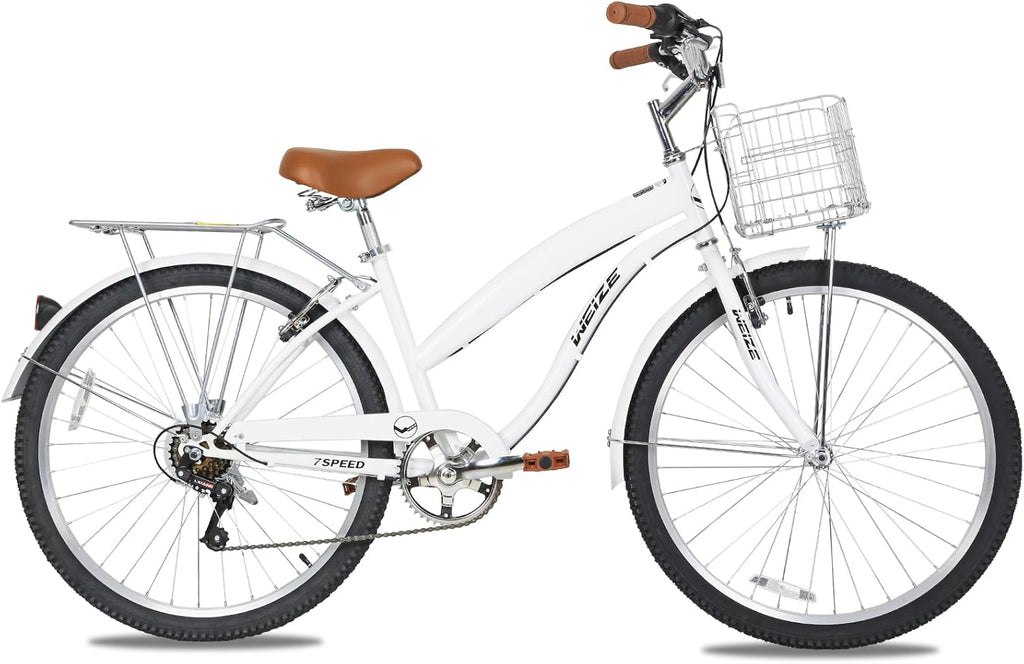 WEIZE Beach Cruiser Bike, 26 inch Commuter Bicycle for Adult Men and Women, 7-Speed/High-Carbon Steel/Front & Rear Fenders, Comfortable City Bikes with Rear Rack or Basket, Ergonomic Upright Design wourant