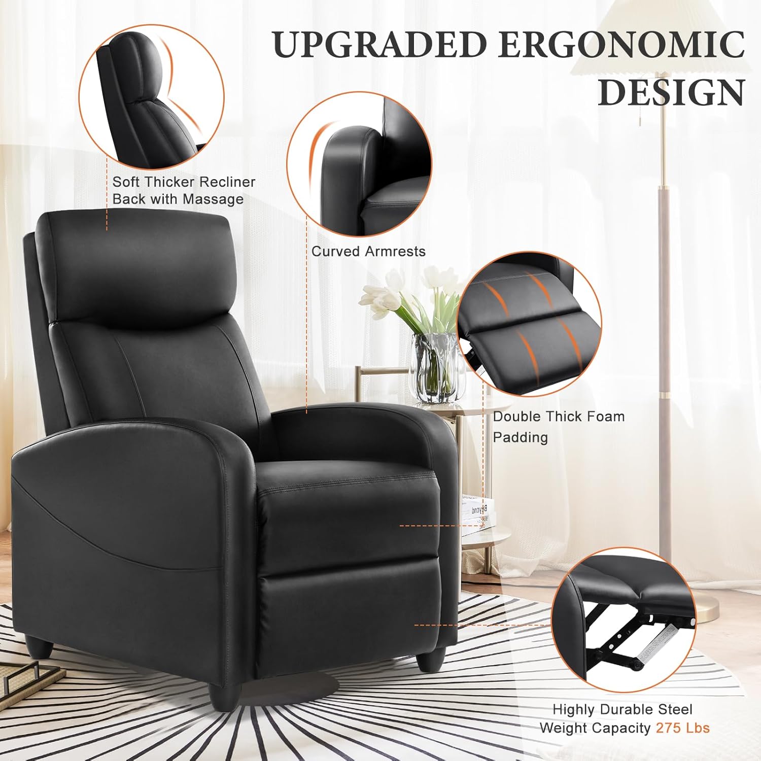 Sweetcrispy Massage Recliner Chair for Adults, Adjustable Home Theater Seating with Lumbar Support for Living Room, Modern Fabric Reclining, Pure Black wourant