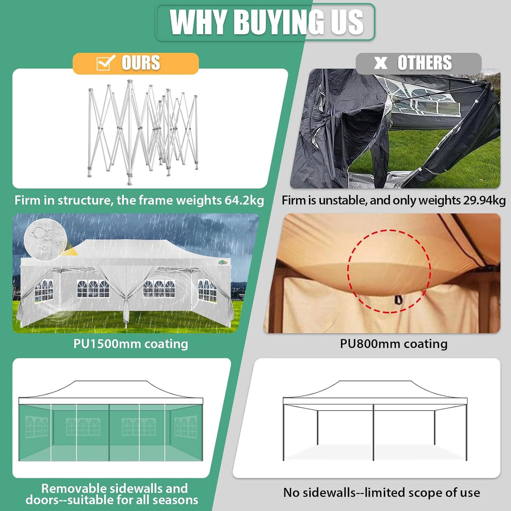 COBIZI 10x20 Heavy Duty Pop up Canopy Tent with 6 sidewalls Easy Up Commercial Outdoor Canopy Wedding Party Tents for Parties All Season Wind & Waterproof Gazebo with Roller Bag,Black(Frame Thickened) wourant