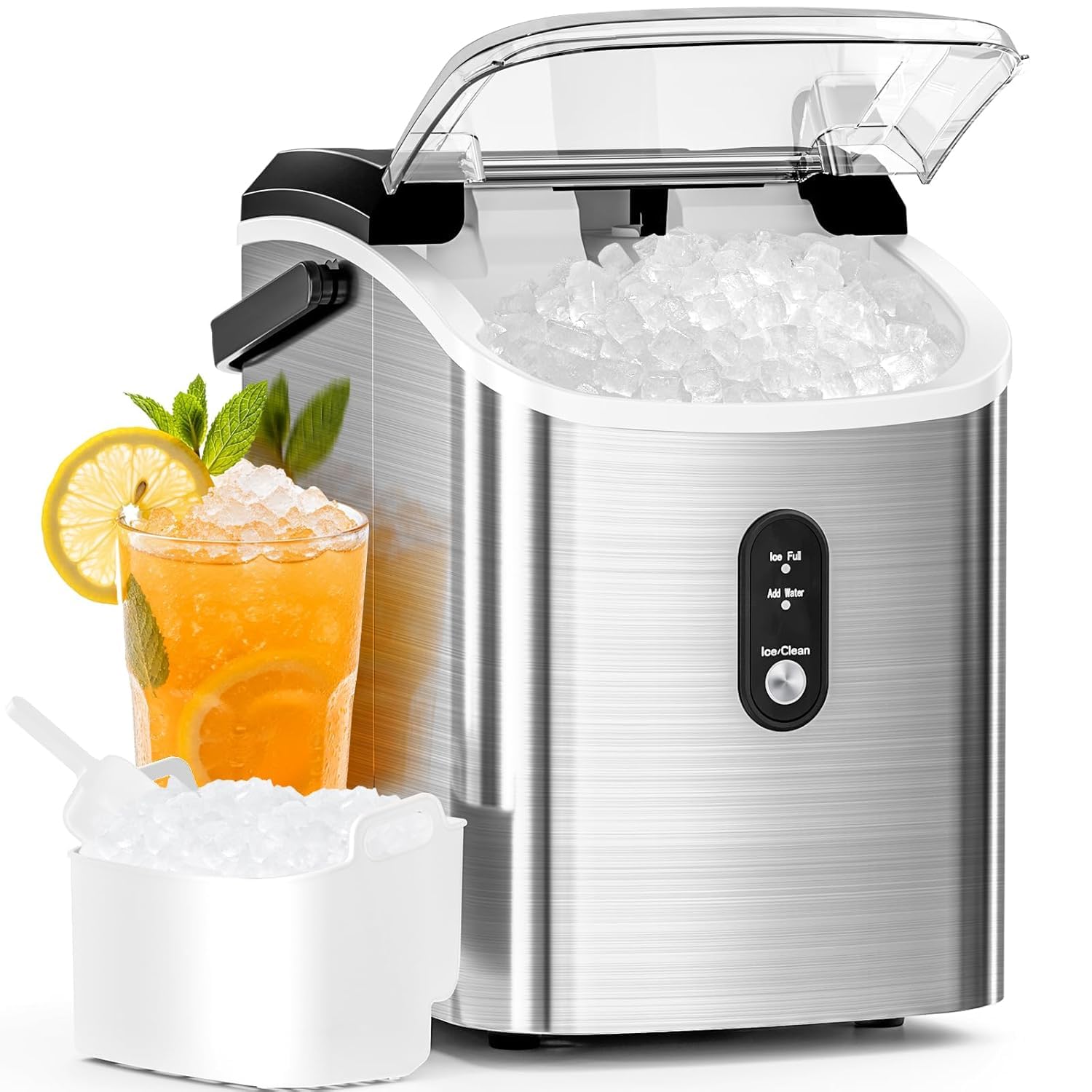 Antarctic Star Nugget Ice Maker Countertop with Soft Chewable Ice, Portable Sonic Ice Maker with Basket and Scoop, Removable Top Cover, Auto-Cleaning for Home/Party/RV/Camping (Stainless Steel Silver) woonhhop