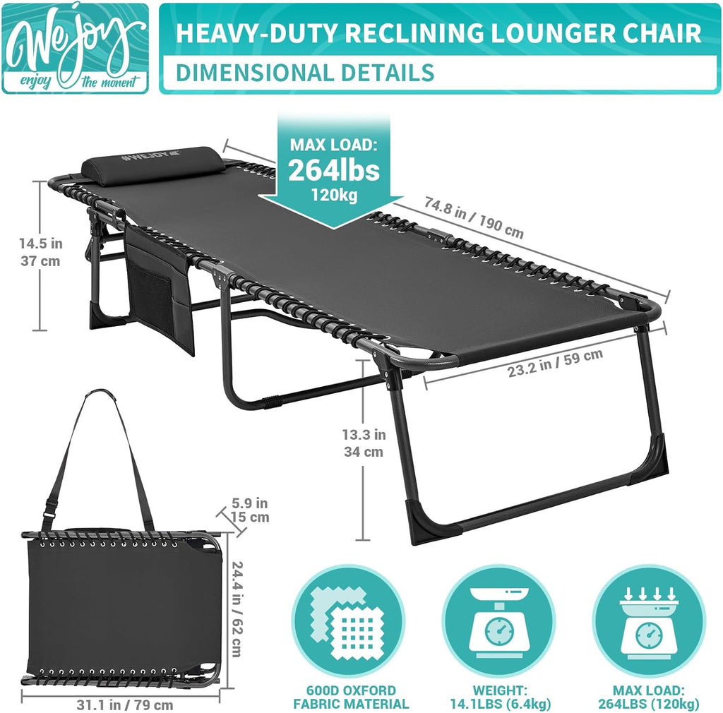 2 Pack Outdoor Chaise Lounge Chair - Portable Folding Patio Pool Lounge Chair, 5 Positions Adjustable Reclining Camping Chair with Side Table,Shoulder Strap, Pillow for Beach Sunbathing Lawn wourant