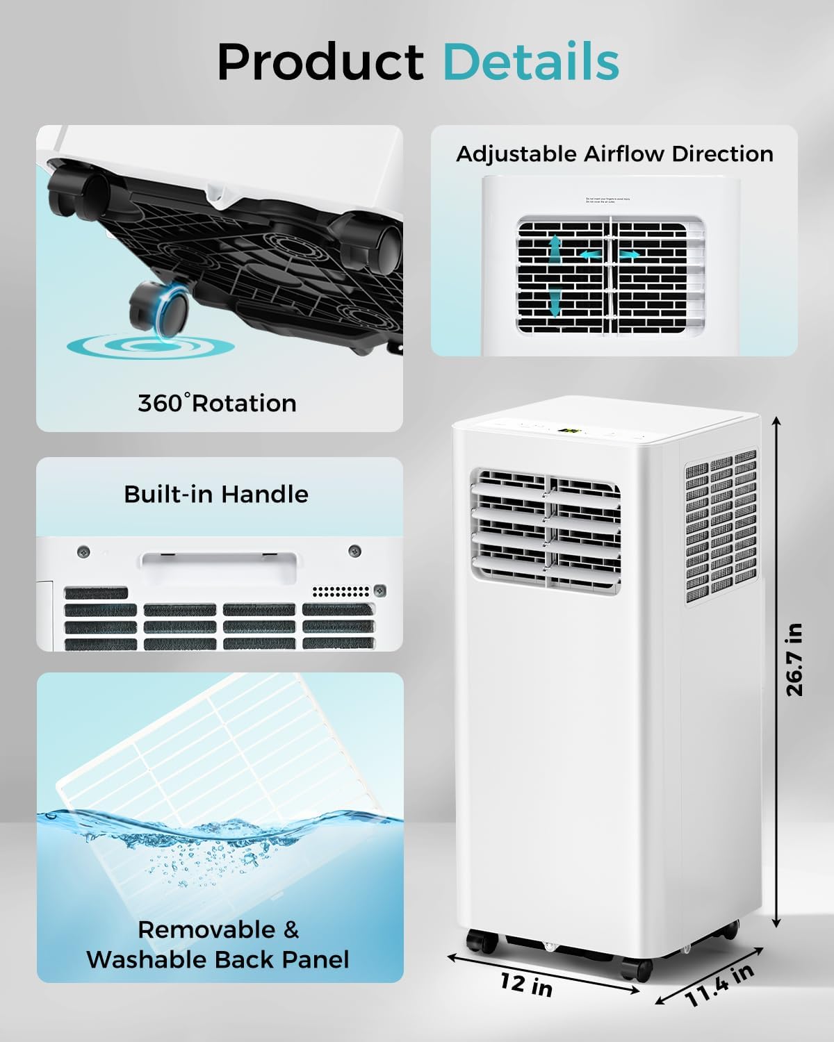 8,000 BTU Portable Air Conditioner - 3-in-1 AC Unit with Remote Control, Ultra-Quiet Cooling for Rooms up to 350 sq. ft., 24H Timer, Sleep Mode wourant