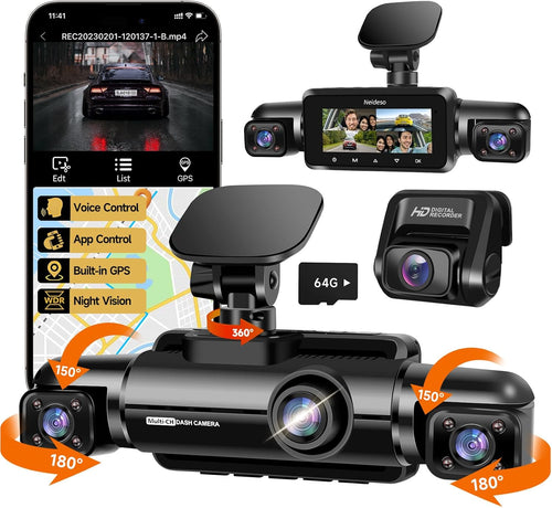 360° Dash Cam 4-Channel FHD 4*1080P Wi-Fi GPS Voice Control Car Camera, Front 2K+1080P*2 Dash Cam, with 64GB SD Card, Night Vision, 24-Hour Parking Mode wourant