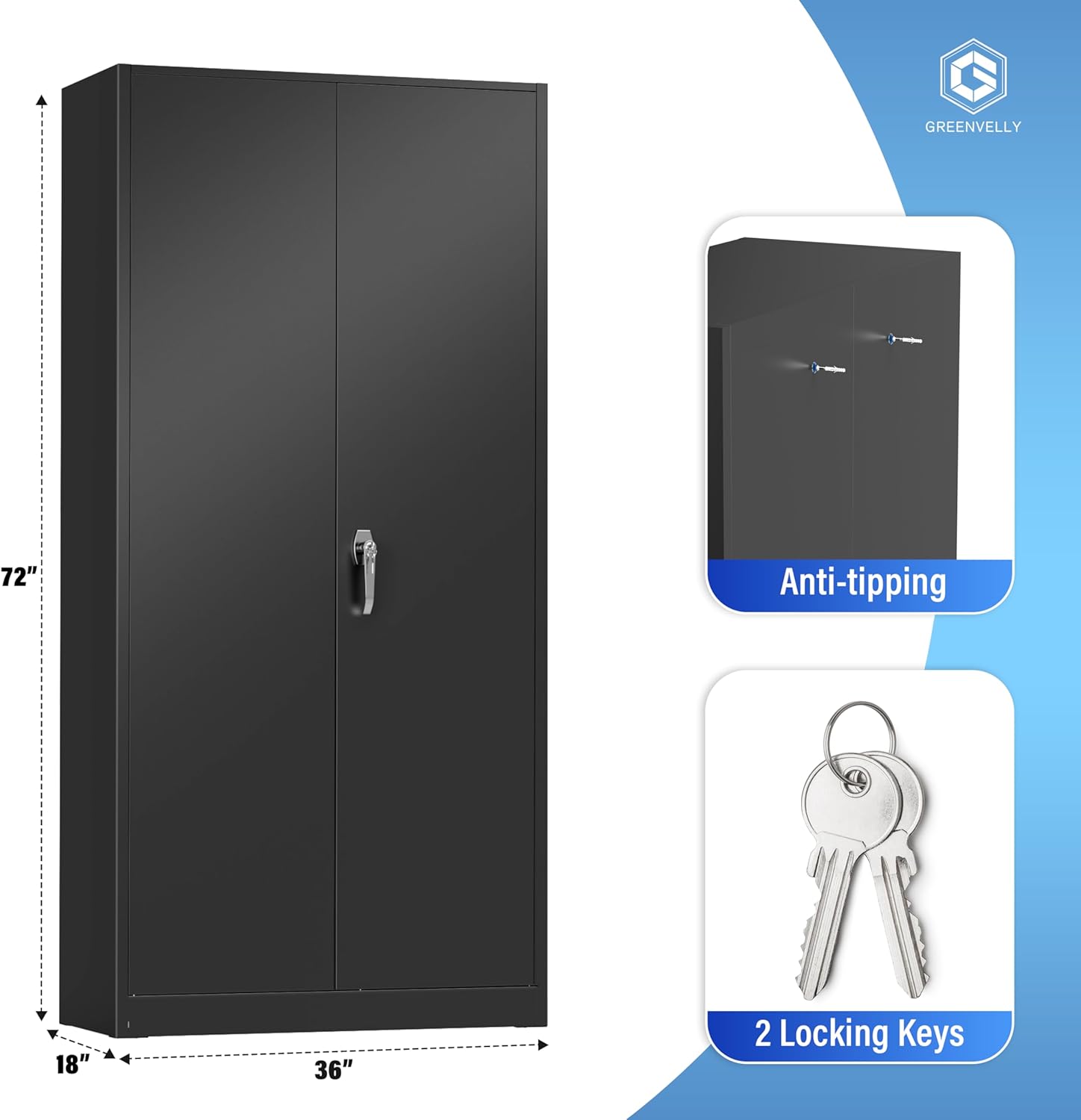 Greenvelly Metal Storage Cabinet, 72" Black Locking Metal Cabinet with 2 Doors and 4 Adjustable Shelves, Lockable Garage Storage Cabinets for Home Office, Garage, Kitchen, Living Room wourant