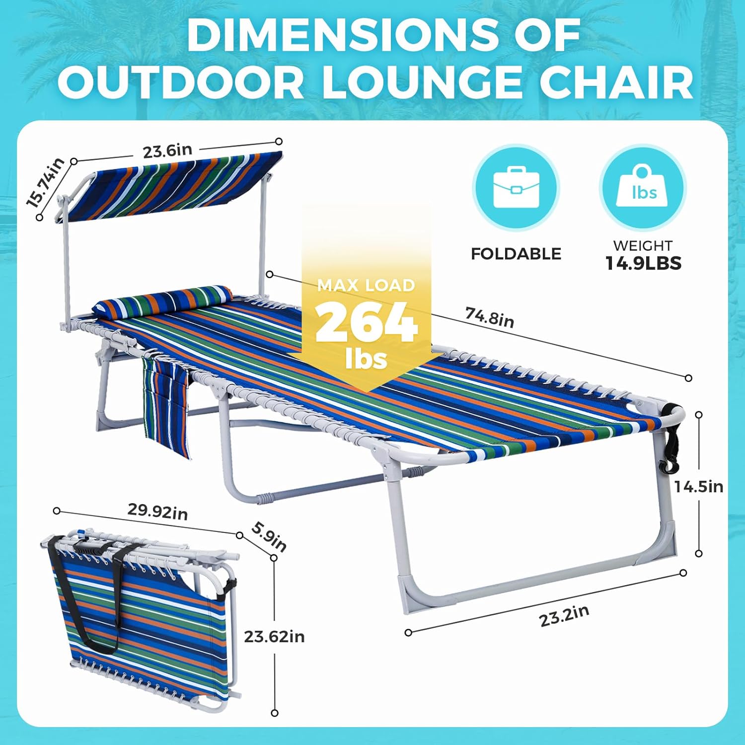 2 Pack Outdoor Chaise Lounge Chair - Portable Folding Patio Pool Lounge Chair, 5 Positions Adjustable Reclining Camping Chair with Side Table,Shoulder Strap, Pillow for Beach Sunbathing Lawn wourant
