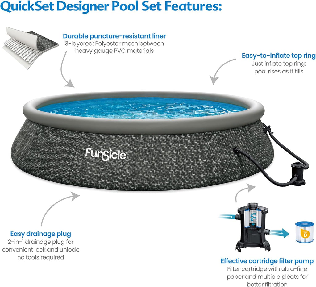 Funsicle 12 Foot by 36 Inch Quickset Round Inflatable Ring Top Outdoor Above Ground Swimming Pool Set with Pump and Cartridge Filter, Dark Herringbone wourant