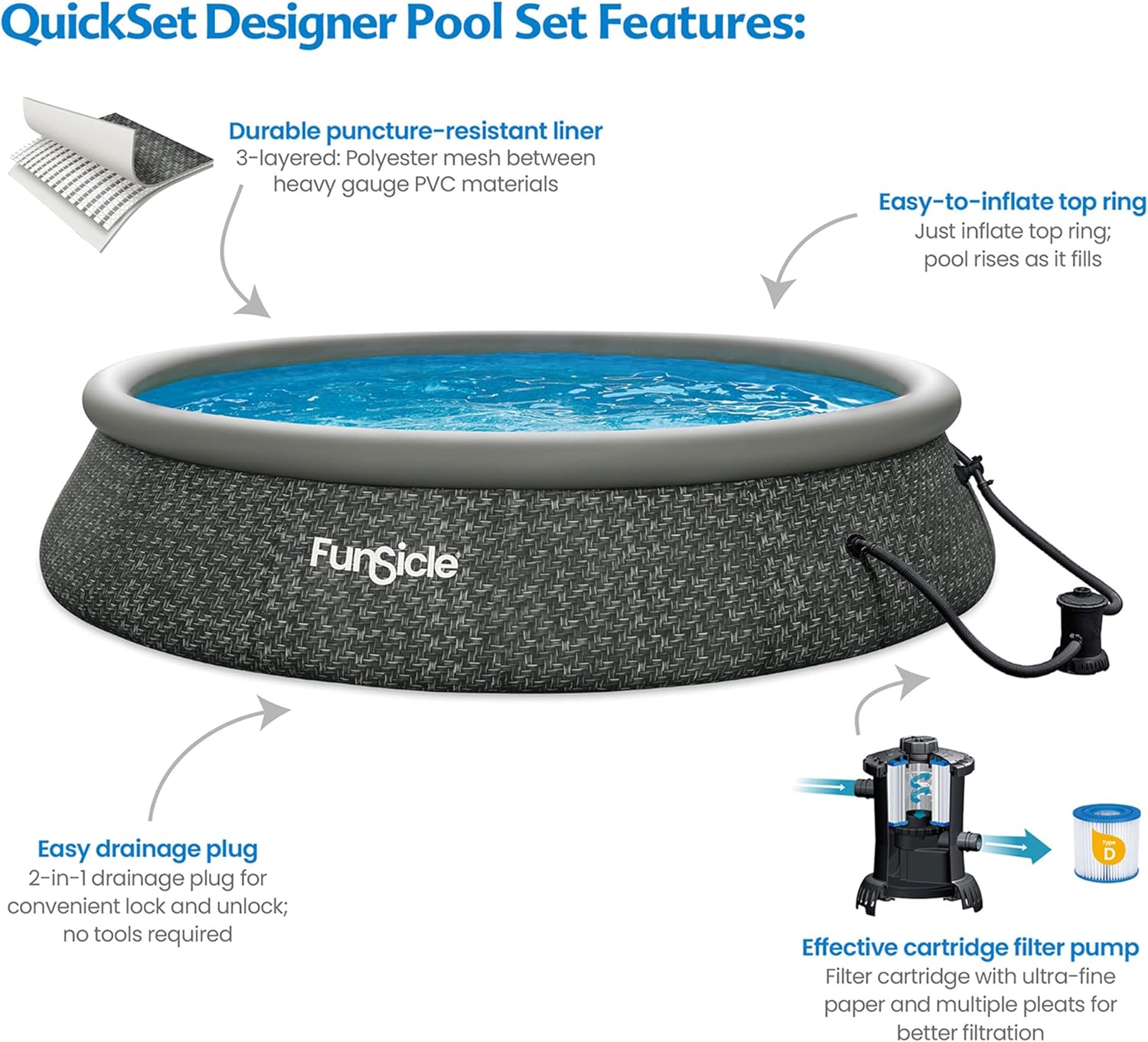 Funsicle 12 Foot by 36 Inch Quickset Round Inflatable Ring Top Outdoor Above Ground Swimming Pool Set with Pump and Cartridge Filter, Dark Herringbone wourant
