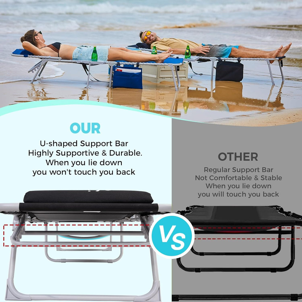 2 Pack Outdoor Chaise Lounge Chair - Portable Folding Patio Pool Lounge Chair, 5 Positions Adjustable Reclining Camping Chair with Side Table,Shoulder Strap, Pillow for Beach Sunbathing Lawn wourant