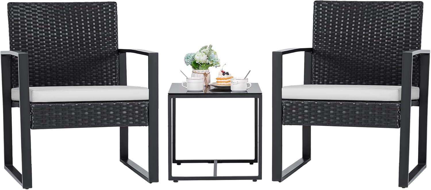 Flamaker 3 Pieces Outdoor Patio Wicker Furniture Set, Modern Rattan Chair Conversation Sets with Coffee Table for Yard and Bistro (Black) woonhhop