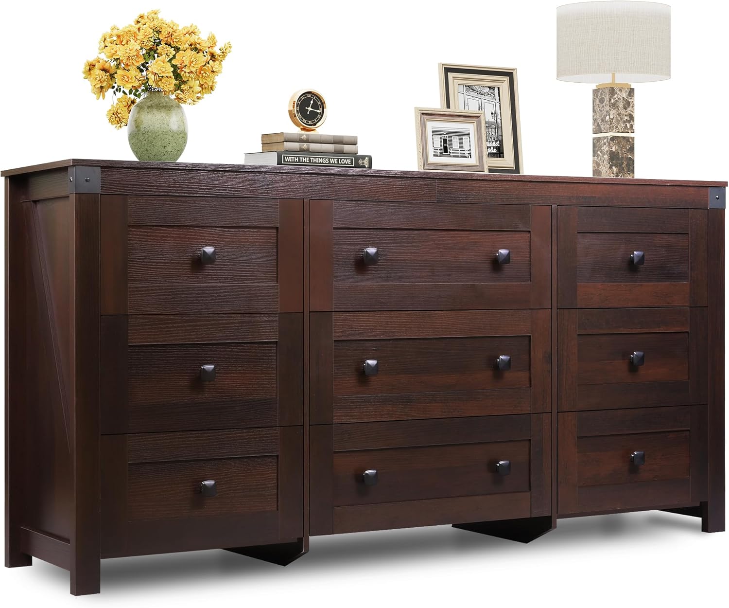 9 Drawer Led Dresser for Bedroom, 58.35'' Wide Wood Dresser Storage Organizer with Power Outlets for 65'' TV, Dressers with Open Shelves wourant